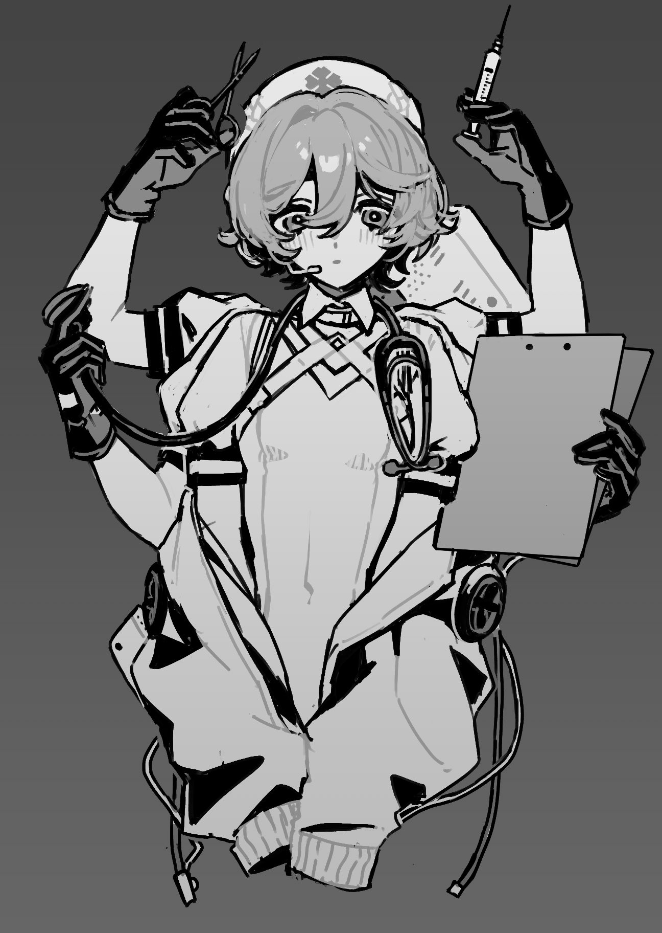kirihi ko, nurse robot type t, utau, vocaloid, highres, 1girl, blush, breasts, clipboard, closed mouth, collared shirt, cropped torso, expressionless, extra arms, gloves, greyscale, hands up, hat, holding, holding clipboard, holding scissors, holding stethoscope, holding syringe, jacket, jacket partially removed, looking at viewer, monochrome, nurse, nurse cap, nurse robot type t (vocaloid6), puffy short sleeves, puffy sleeves, scissors, shirt, short hair, short sleeves, simple background, small breasts, solo, stethoscope, stethoscope around neck, syringe, upper body
