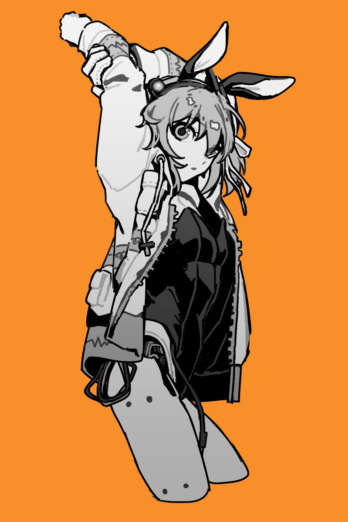 kirihi ko, adachi rei, a.i. voice, utau, highres, 1girl, adapted costume, android, animal ears, arms up, breasts, cable, cropped legs, from side, gloves, greyscale with colored background, hand on own arm, headlamp, jacket, joints, leotard, long sleeves, looking at viewer, looking to the side, one side up, open clothes, open jacket, orange background, parted lips, rabbit ears, robot joints, short hair, simple background, small breasts, solo, standing, stretching