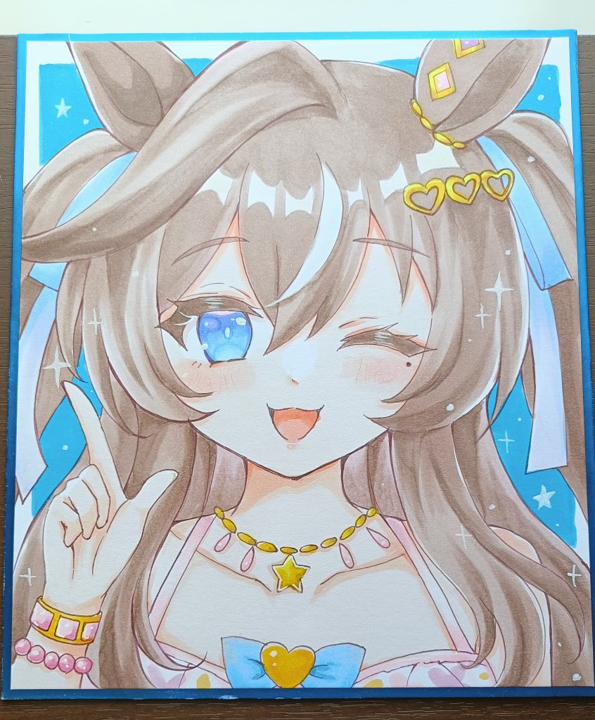 terimuku, vivlos (eclat d'ete) (umamusume), vivlos (umamusume), umamusume, commentary request, photo (medium), traditional media, 1girl, ;d, animal ears, bare shoulders, blue bow, blush, bow, brown hair, collarbone, hair between eyes, hair bow, hair ornament, hand up, heart, heart hair ornament, horse ears, long hair, looking at viewer, multicolored hair, one eye closed, open mouth, shikishi, smile, solo, streaked hair, two side up, white hair
