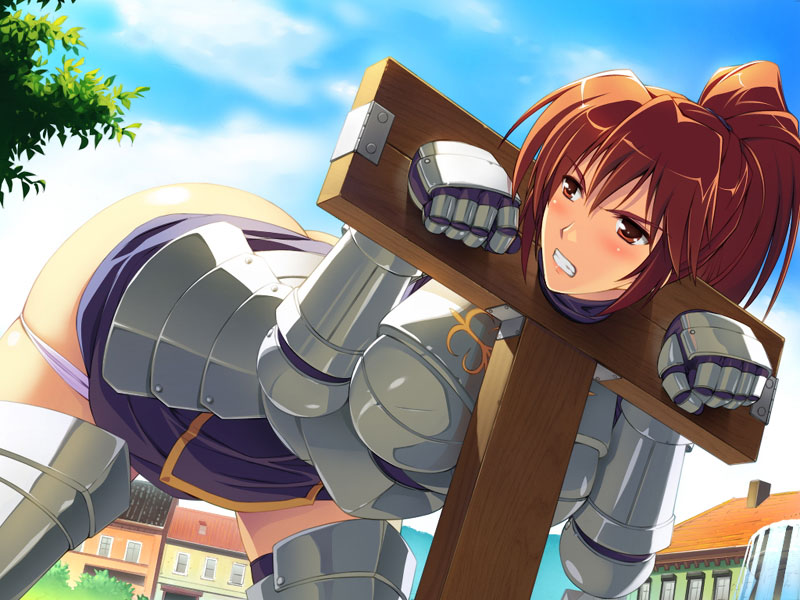 ishigaki takashi, himekishi angelica, game cg, 1girl, angry, armor, armored dress, assisted exposure, bdsm, bent over, bondage, bound, brown eyes, brown hair, clenched teeth, clothes lift, cloud, dress, female focus, gloves, humiliation, knight, leaning forward, long hair, looking back, outdoors, panties, panty pull, paw pose, pillory, ponytail, public indecency, public use, purple panties, purple skirt, red eyes, restrained, shiny skin, skirt, skirt lift, sky, solo, stationary restraints, stocks, teeth, thighhighs, underwear, warrior