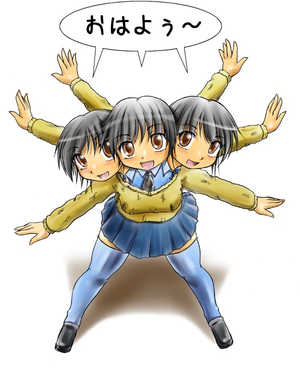 agent orange, aor saiun, translated, 2girls, :d, black hair, brown eyes, conjoined, extra arms, multi limb, multiple girls, multiple heads, open mouth, short hair, simple background, skirt, smile, speech bubble, thighhighs, what, white background, zettai ryouiki