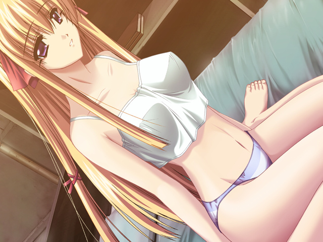 serizawa katsumi, mint mitsurugi, abel software, fukakutei sekai no tantei shinshi, game cg, 1girl, bed, blonde hair, female focus, kneeling, midriff, panties, purple eyes, solo, striped clothes, striped panties, underwear