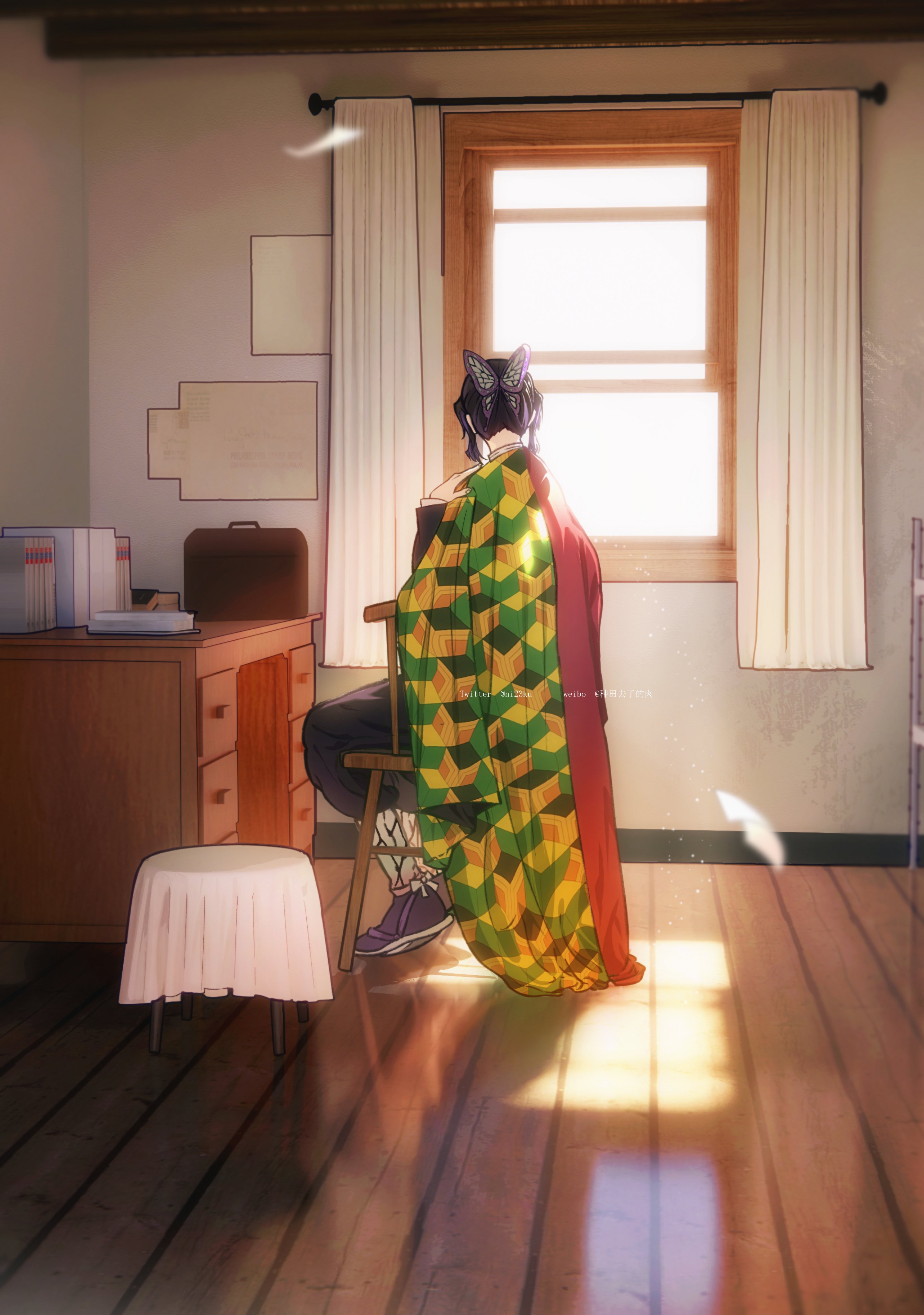 niku (ni23ku), kochou shinobu, kimetsu no yaiba, absurdres, commentary request, highres, 1girl, black hair, borrowed clothes, butterfly hair ornament, chair, curtains, desk, from behind, hair ornament, haori, indoors, japanese clothes, light particles, reflective floor, sandals, shadow, sitting, solo, sunlight, twitter username, weibo username, wooden floor