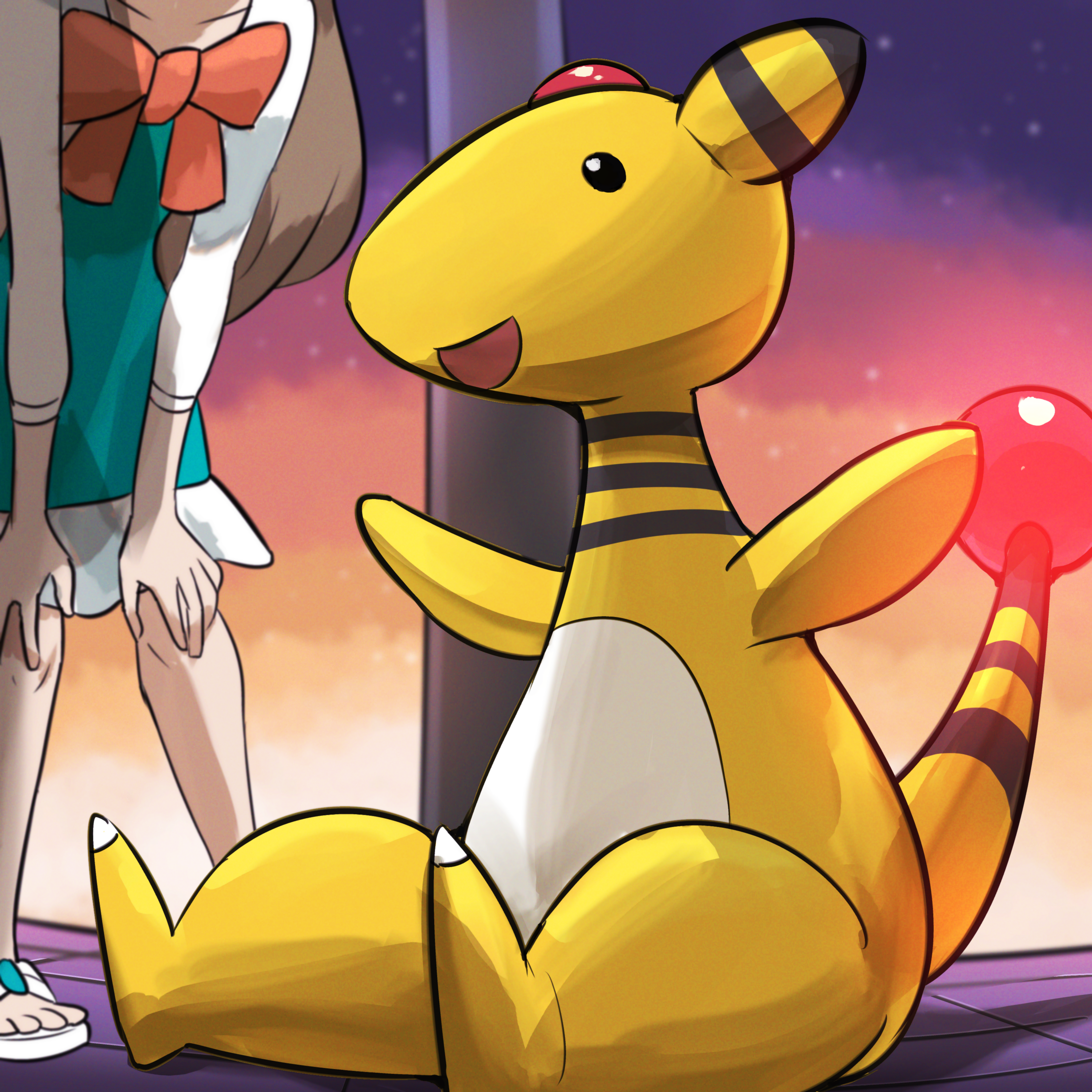 spicyichizo, ampharos, jasmine (pokemon), nintendo, pokemon, pokemon hgss, absurdres, highres, 1girl, bow, brown hair, dress, gen 2 pokemon, green dress, head out of frame, jacket, long hair, open clothes, open jacket, open mouth, orange bow, pokemon (creature), sitting, tail, white jacket
