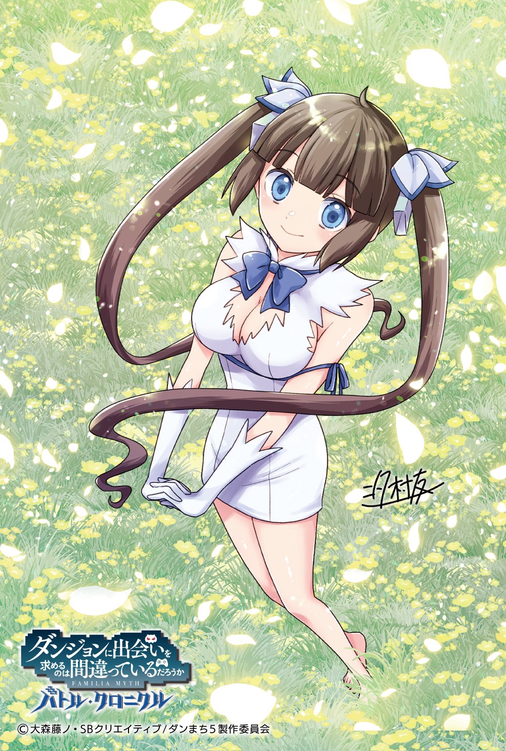 shiomura yu, hestia (danmachi), danmachi battle chronicle, dungeon ni deai wo motomeru no wa machigatteiru darou ka, highres, barefoot, black hair, blue eyes, blue ribbon, falling petals, flower, petals, ribbon, signature