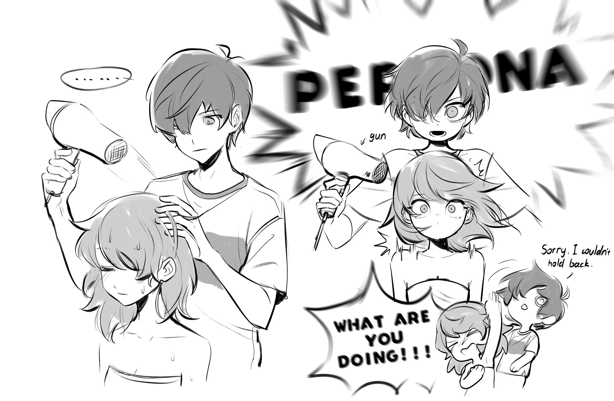 rrrrrrrrrrrou1, takeba yukari, yuuki makoto (persona 3), persona, persona 3, commentary request, …, 0 0, 1boy, 1girl, @ @, closed mouth, comic, english text, greyscale, hair dryer, hand on another's head, holding, holding hair dryer, monochrome, naked towel, one eye covered, open mouth, punching, shirt, short hair, simple background, surprised, t-shirt, towel, upper body, wet, wet hair, white background