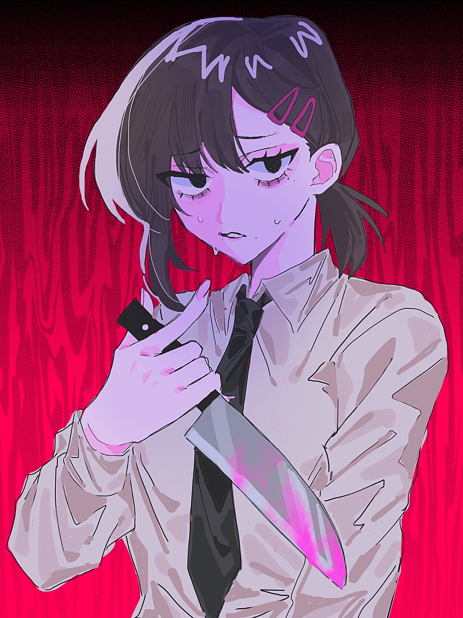 higashiyama kobeni, chainsaw man, hashtag-only commentary, highres, 1girl, black eyes, black hair, black necktie, blood, bloody knife, collared shirt, hair ornament, hairclip, holding, holding knife, kitchen knife, knife, moeno 28, mole, mole under eye, mole under mouth, multiple moles, necktie, ponytail, red background, shirt, short ponytail, single sidelock, solo, sweat, white shirt