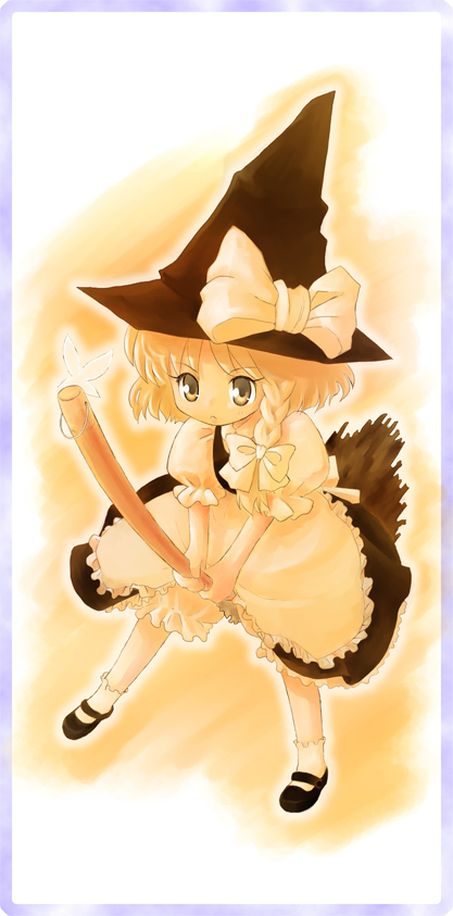 buchiko, kirisame marisa, touhou, 1girl, apron, blonde hair, bow, braid, broom, broom riding, female focus, hat, hat bow, mary janes, monochrome, shoes, solo, witch, witch hat, yellow eyes, yellow theme