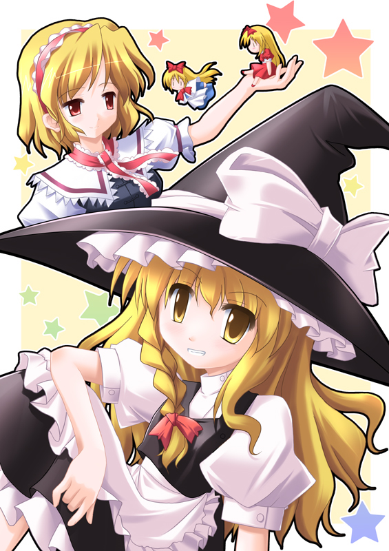 nijiberu, alice margatroid, hourai doll, kirisame marisa, shanghai doll, touhou, 2girls, apron, ascot, bad anatomy, blonde hair, bow, braid, female focus, hair bow, hairband, hat, long hair, looking at viewer, multiple girls, poorly drawn, puffy sleeves, red eyes, ribbon, short hair, short sleeves, side braid, smile, star (symbol), witch hat, yellow eyes