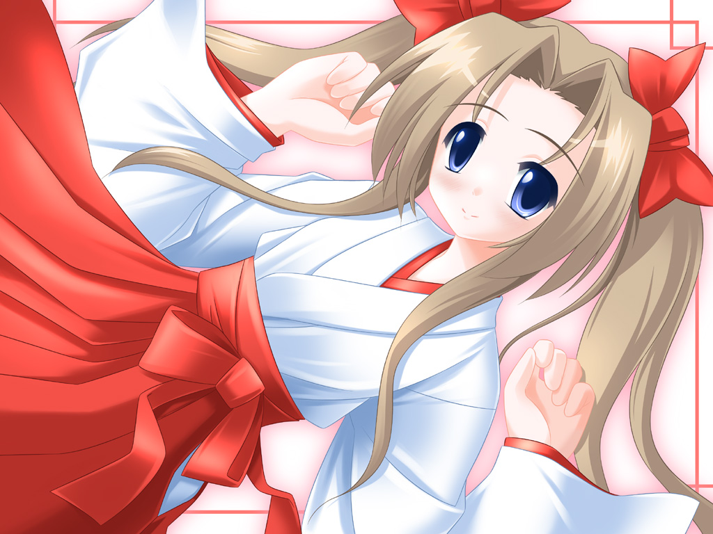 nijiberu, original, 1girl, blue eyes, brown hair, female focus, hakama, hakama skirt, japanese clothes, miko, red hakama, skirt, solo, twintails
