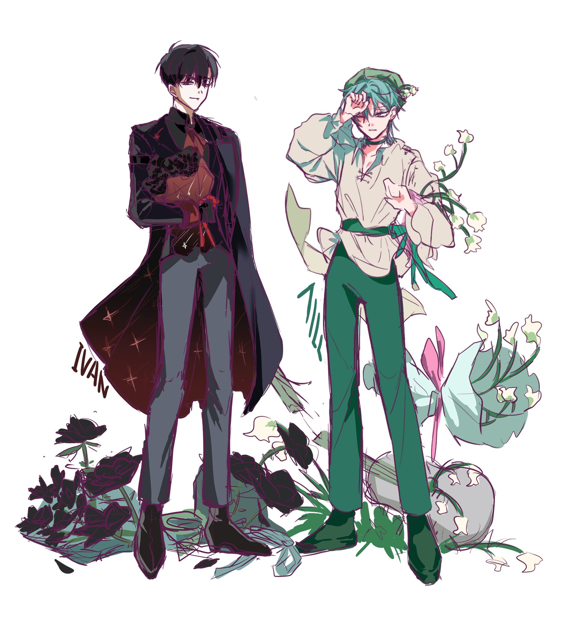 ivan (alien stage), till (alien stage), alien stage, commentary request, highres, korean commentary, 2boys, alternate costume, ascot, belt, black coat, black eyes, black flower, black shirt, black shoes, bouquet, brown ascot, character name, closed mouth, coat, dobugi221833, fang, fang out, flower, green belt, green eyes, green hat, green pants, grey hair, grey pants, hat, holding, holding bouquet, male focus, multiple boys, one eye closed, pants, shirt, shoes, short hair, very short hair, white flower, white shirt