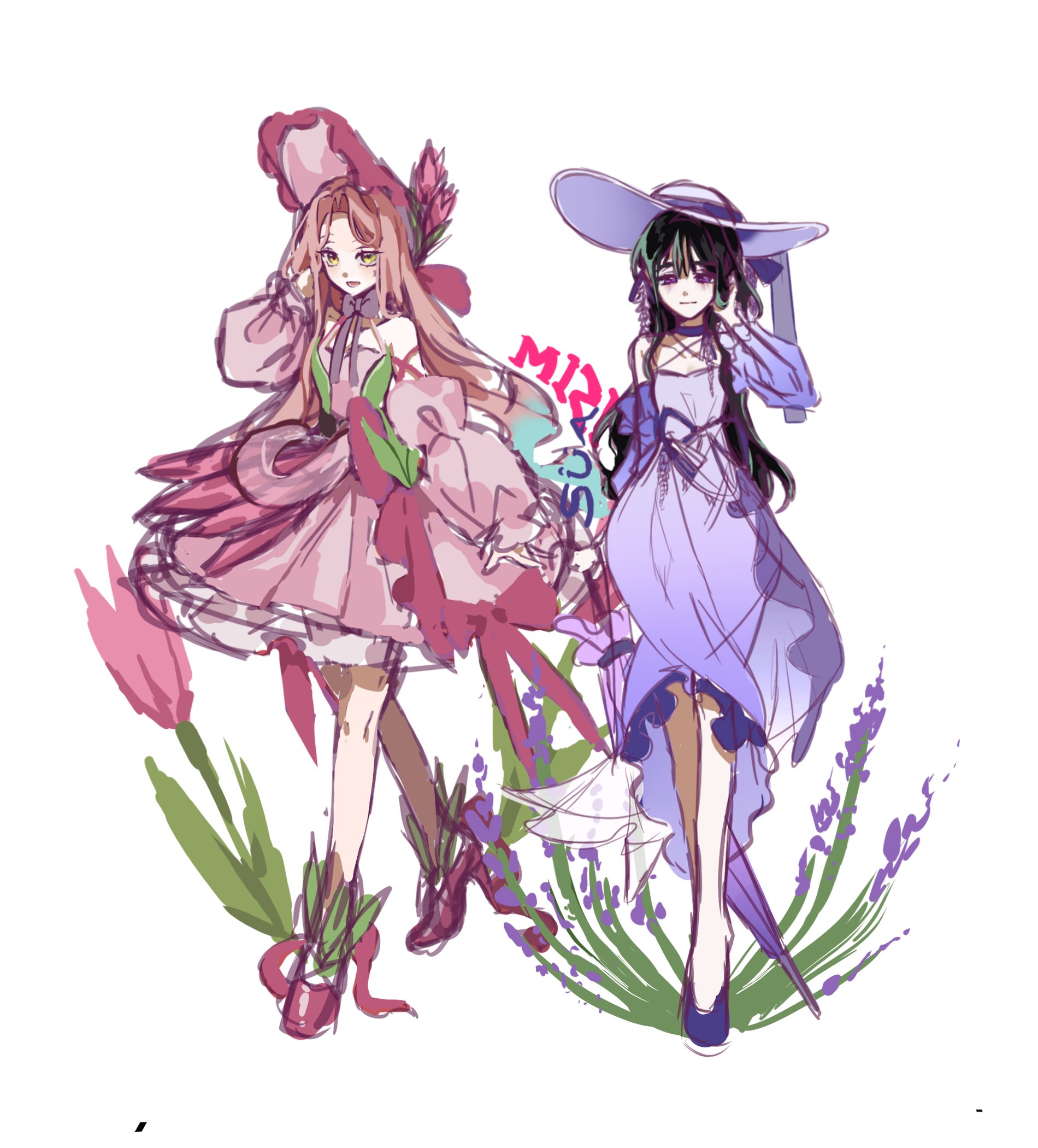 mizi (alien stage), sua (alien stage), alien stage, commentary request, highres, korean commentary, 2girls, alternate costume, black bow, bonnet, bow, character name, choker, dobugi221833, dress, flower, hat, lavender (flower), long hair, long sleeves, multiple girls, official alternate hair length, official alternate hairstyle, pink bonnet, pink dress, pink flower, pink shoes, pink tulip, puffy long sleeves, puffy sleeves, purple choker, purple dress, purple eyes, purple flower, purple hat, purple shoes, shoes, tucking hair, tulip, very long hair, yellow eyes