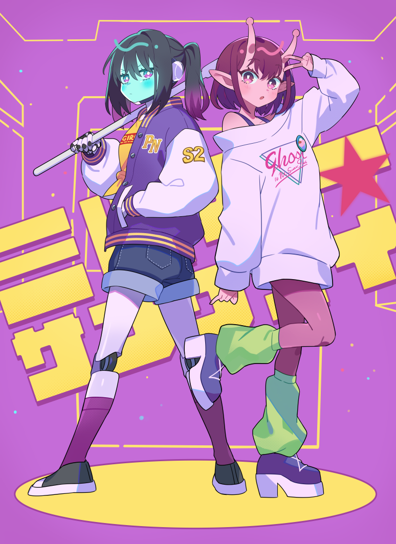 kanyoko (yuzukano 17), kujo chiharu, kurusu makina (milky galactic universe), milky subway, 2girls, alien, antennae, black hair, black shoes, blue shorts, blue skin, brown hair, colored skin, denim, denim shorts, gradient hair, green socks, holding, holding lead pipe, jacket, lead pipe, letterman jacket, looking at viewer, mechanical legs, multicolored hair, multiple girls, off shoulder, pink eyes, pink hair, pink skin, platform shoes, pointy ears, purple background, purple socks, shoes, short hair, shorts, simple background, socks, standing, standing on one leg, sweater, v, white sweater