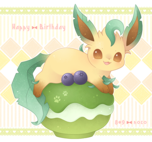 ten'on (amane09), leafeon, nintendo, pokemon, abstract background, blueberry, brown eyes, english text, food, fruit, gen 4 pokemon, green tail, happy birthday, leaf tail, looking at viewer, no humans, open mouth, pokemon (creature), solo, yellow fur