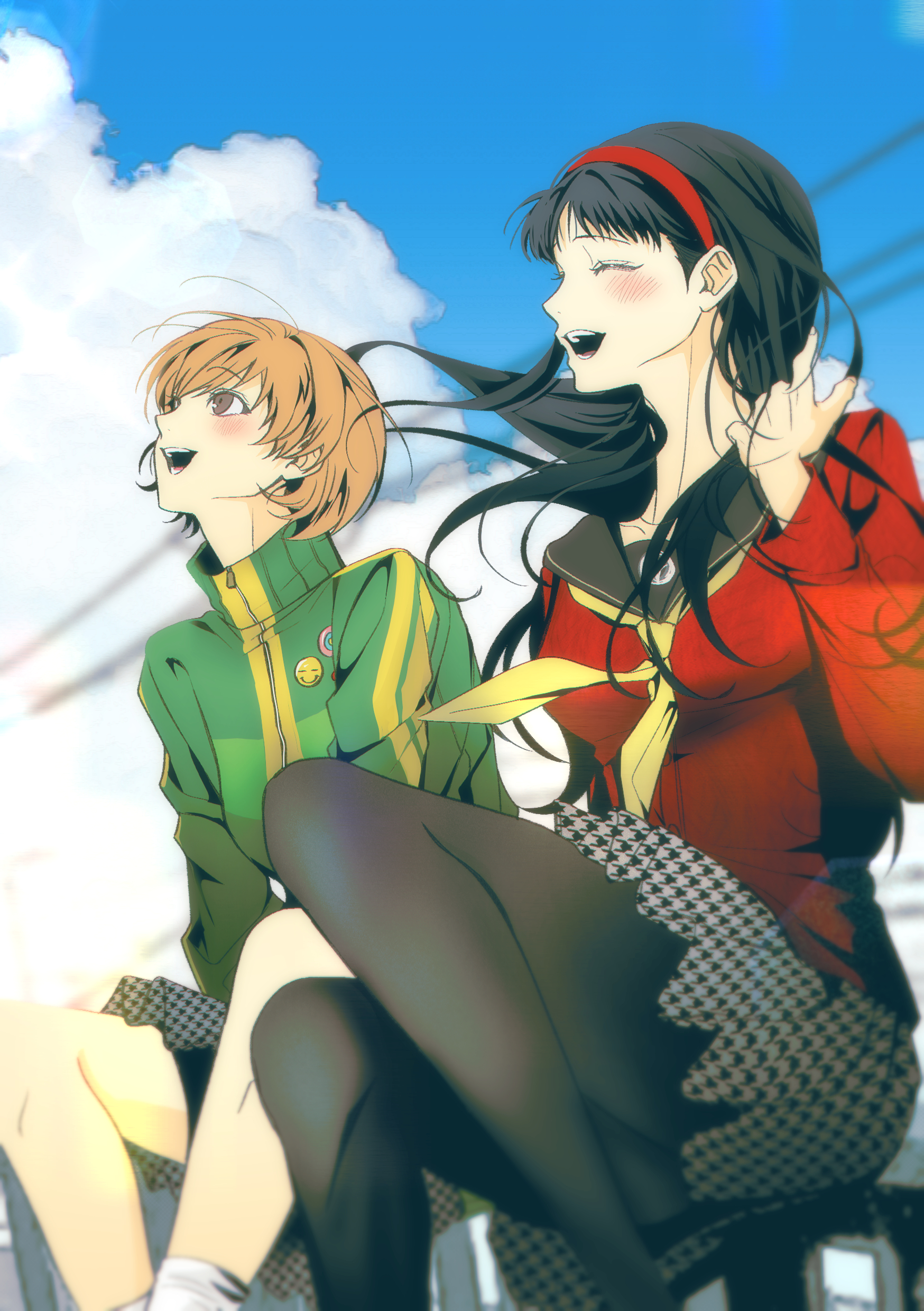 amagi yukiko, satonaka chie, persona, persona 4, absurdres, highres, 2girls, bike shorts under skirt, black hair, black pantyhose, black sailor collar, blue sky, blush, brown eyes, brown hair, closed eyes, cloud, cloudy sky, feet out of frame, floating hair, green jacket, hairband, jacket, legs, long hair, long sleeves, looking up, multiple girls, neckerchief, open mouth, outdoors, pantyhose, pleated skirt, red hairband, red sweater, sa1meunegg, sailor collar, school uniform, short hair, sitting, skirt, sky, smile, socks, sweater, track jacket, white socks, yasogami school uniform, yellow neckerchief, zipper