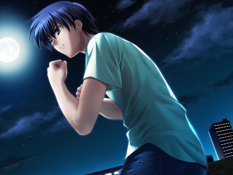 fumio (ura fmo), okazaki tomoya, clannad, tomoyo after, game cg, 00s, 1boy, battle, fighting stance, male focus, moon, night, shirt, sky, solo