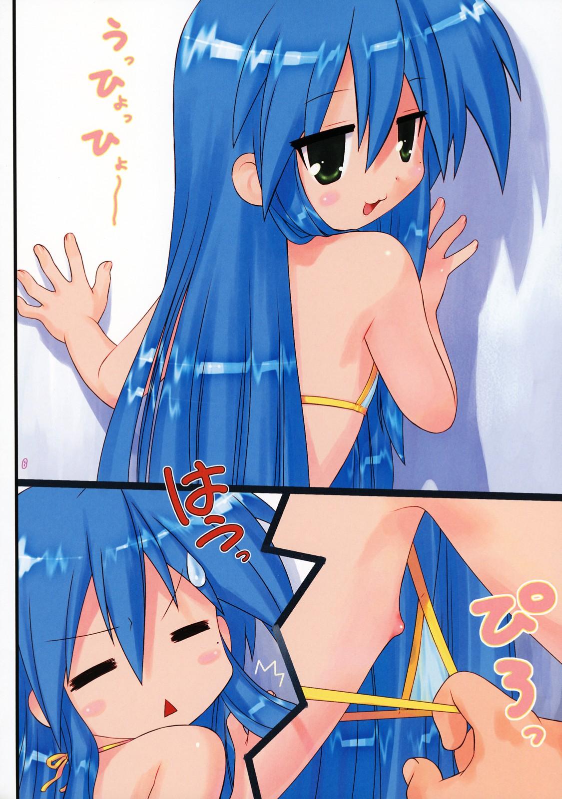 hechi, izumi konata, lucky star, highres, 00s, 1girl, ^^^, bikini pull, blue hair, bra, bra pull, clothes pull, flat chest, green eyes, loli, long hair, looking back, mole, mole under eye, nipples, pulling another's clothes, underwear