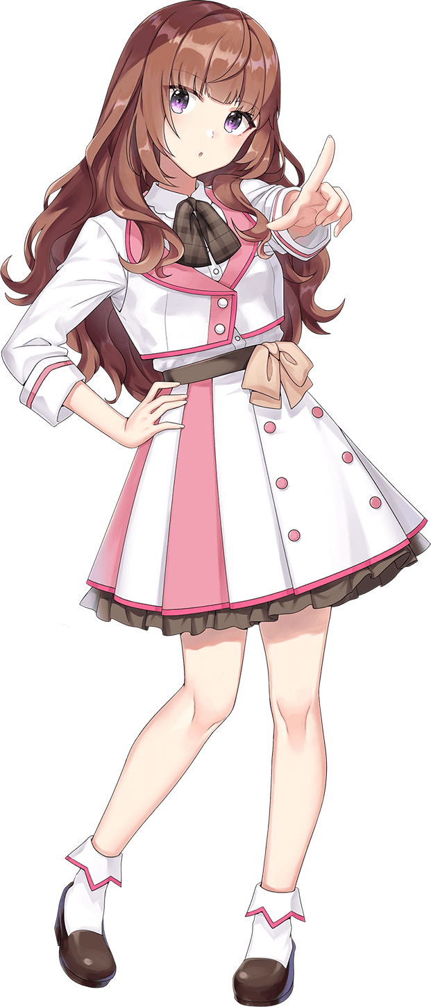 shirako miso, akagawa chisa, cue!, highres, official art, 1girl, :o, belt, blunt bangs, bow, breasts, brown belt, brown bow, brown hair, brown ribbon, brown shoes, collared shirt, cowboy shot, hand on own hip, head tilt, index finger raised, jacket, loafers, long hair, long sleeves, looking at viewer, medium breasts, multicolored jacket, open mouth, outstretched arm, parted lips, plaid ribbon, pointing, pointing at viewer, purple eyes, reaching, reaching towards viewer, ribbon, shirt, shoes, sidelocks, simple background, skirt, socks, solo, standing, tachi-e, transparent background, two-tone jacket, two-tone skirt, wavy hair, white jacket, white shirt, white skirt, white socks