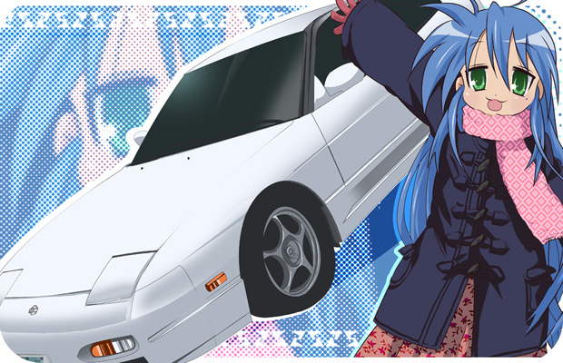 izumi konata, lucky star, nissan, 00s, 1girl, car, coat, female focus, mole, mole under eye, motor vehicle, nissan 180sx, scarf, solo, vehicle focus