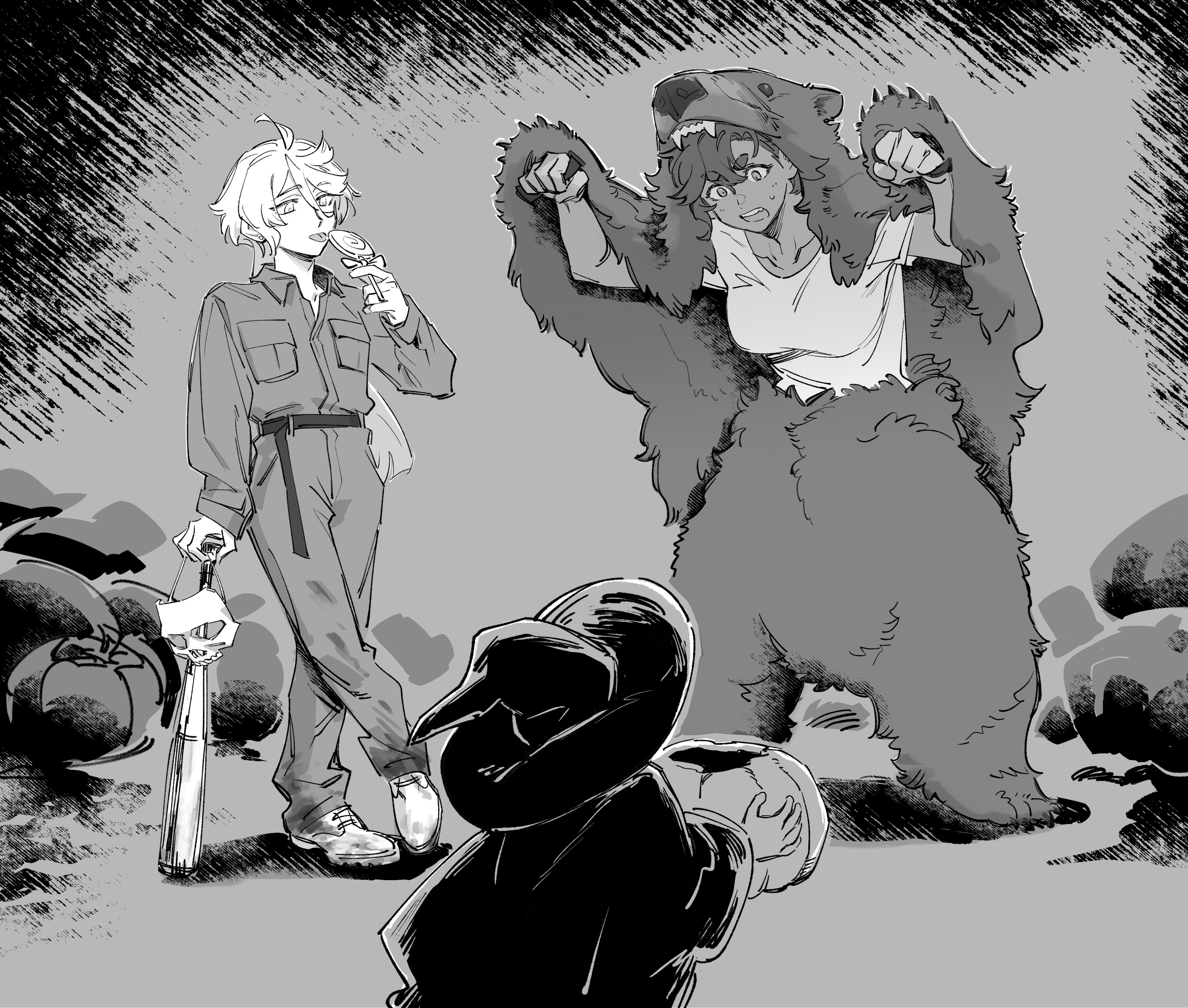 nideaneng, miorine rembran, suletta mercury, gundam, gundam suisei no majo, absurdres, highres, animal costume, baseball bat, bear costume, candy, cosplay, crossed legs, eating, food, full body, greyscale, halloween costume, mask, monochrome, multiple girls, threat, witch