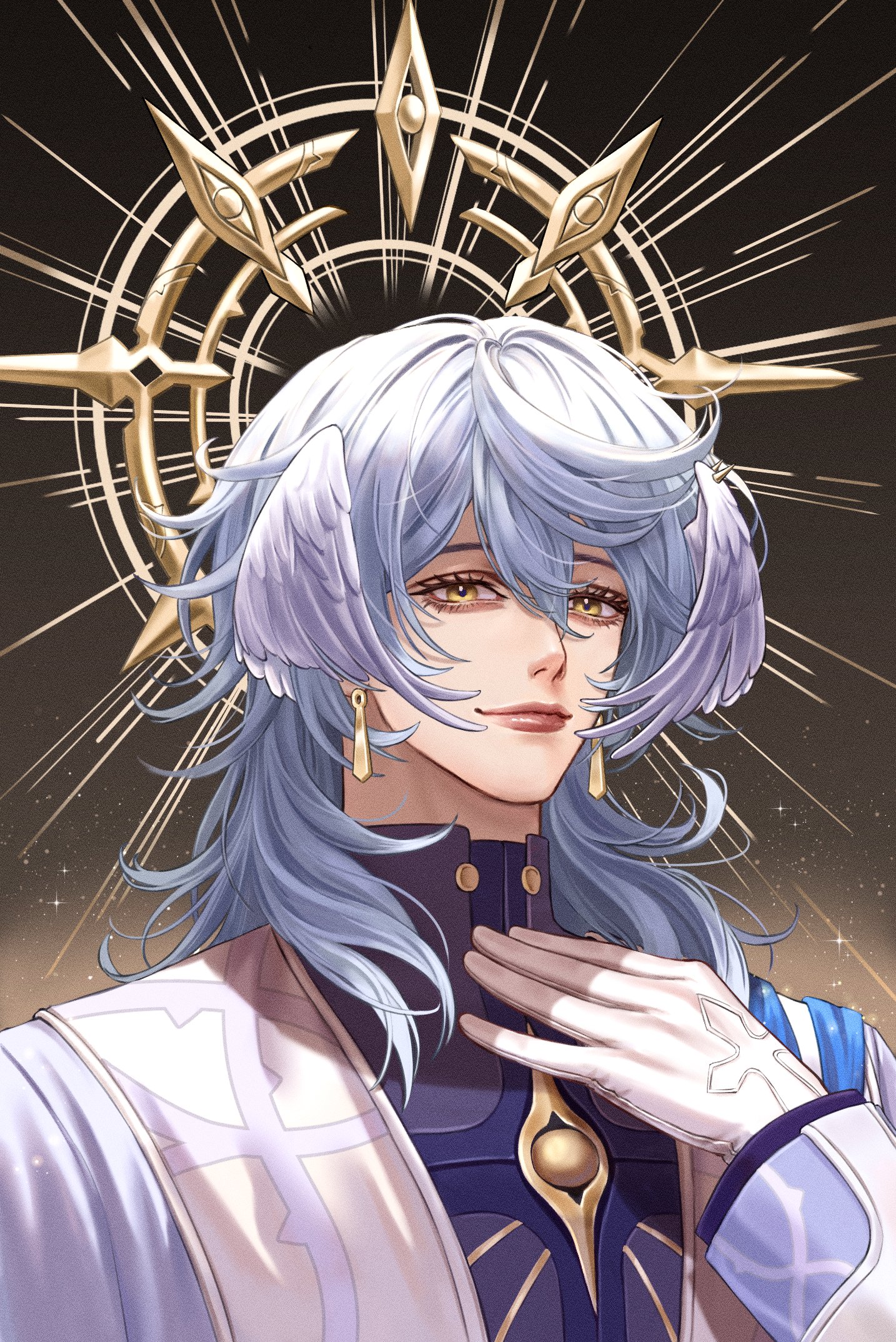sunday (honkai: star rail), honkai: star rail, honkai (series), highres, 1boy, alientomoe, closed mouth, coat, dark background, earrings, feathered wings, gloves, grey hair, hair between eyes, halo, halo behind head, hand up, head wings, jewelry, long hair, long sleeves, looking at viewer, male focus, medium hair, red lips, solo, upper body, white coat, white gloves, wings, yellow eyes