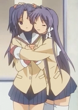 fujibayashi kyou, ichinose kotomi, clannad, animated, animated gif, anime screenshot, lowres, 00s, 2girls, hair bobbles, hair ornament, hug, multiple girls, purple eyes, purple hair, thighhighs, two side up