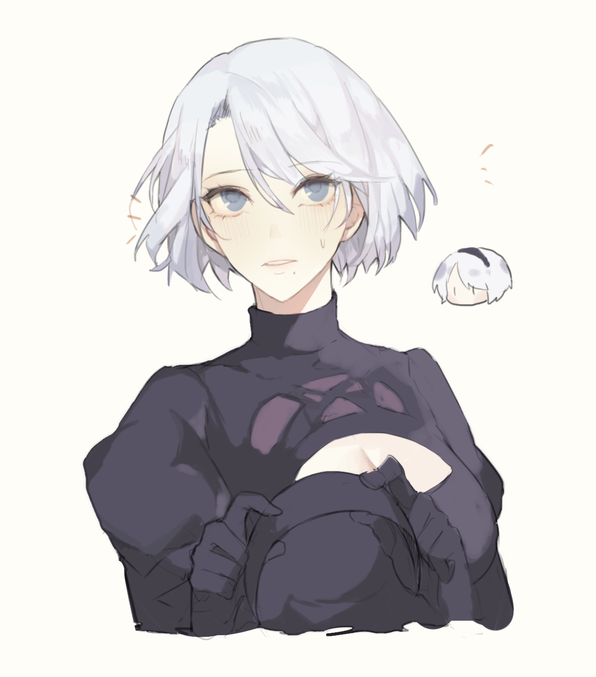nahonanaho, 2b (nier:automata), nier:automata, nier (series), commentary request, highres, 1girl, black dress, black gloves, blue eyes, blush, breasts, chibi, chibi inset, cleavage, cleavage cutout, clothing cutout, cropped torso, curtained hair, dress, gloves, hairband, holding hairband, looking at viewer, medium breasts, mole, mole under mouth, notice lines, parted lips, puffy sleeves, short hair, simple background, solo, sweatdrop, unworn hairband, white background, white hair