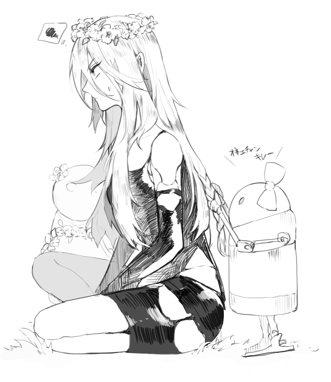 nahonanaho, a2 (nier:automata), nier:automata, nier (series), highres, translation request, 1girl, android, braiding another's hair, braiding hair, breasts, closed mouth, flower, flower wreath, from side, full body, grass, greyscale, hairdressing, indian style, joints, long hair, long sleeves, mole, mole under mouth, monochrome, profile, robot, robot joints, shirt, shorts, sitting, small breasts, spoken squiggle, squiggle, sweatdrop, torn clothes, torn shirt, torn shorts