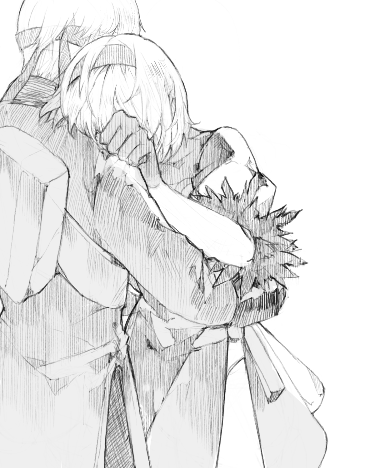 nahonanaho, 2b (nier:automata), 9s (nier:automata), nier:automata, nier (series), highres, 1boy, 1girl, arm around waist, backpack, bag, coat, cowboy shot, crying, dress, gloves, greyscale, hairband, hatching (texture), head on another's shoulder, leotard, leotard under clothes, linear hatching, long sleeves, monochrome, pants, short hair, short sleeves, side slit, simple background