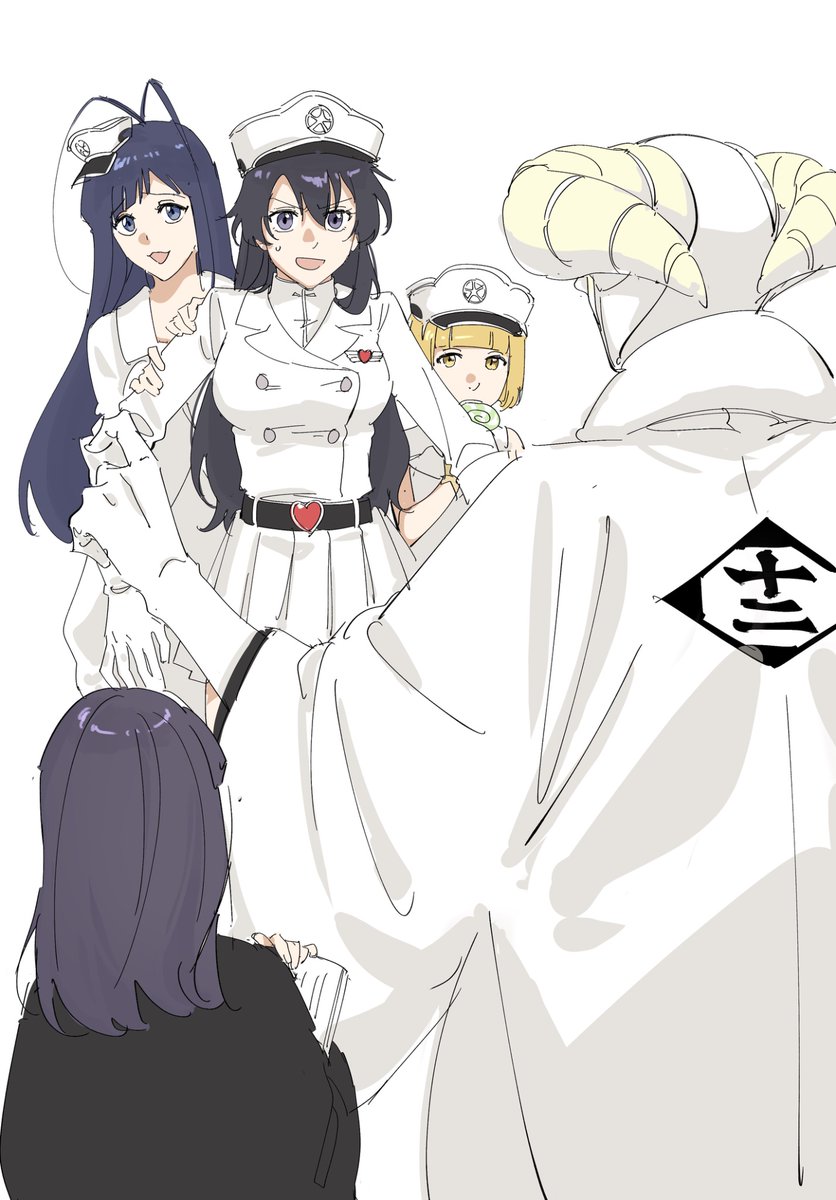 nanao parakeet, bambietta basterbine, giselle gewelle, kurotsuchi mayuri, liltotto lamperd, nemuri hachigou, bleach, bleach: epilogue, bleach: sennen kessen-hen, highres, 2boys, 3girls, :d, androgynous, antenna hair, belt, black belt, black hair, blonde hair, blue eyes, blunt bangs, bob cut, brooch, buttons, candy, cowboy shot, double-breasted, food, from behind, grey eyes, hair between eyes, hair over shoulder, hand up, hat, heart, heart belt, heart brooch, holding, holding candy, holding food, holding lollipop, index finger raised, japanese clothes, jewelry, kimono, lollipop, long hair, looking at another, military hat, military uniform, miniskirt, multiple boys, multiple girls, open mouth, peeking out, pleated skirt, short hair, simple background, skirt, smile, straight hair, sweatdrop, trap, v-shaped eyebrows, very long hair, white background, white hat, white kimono, white skirt