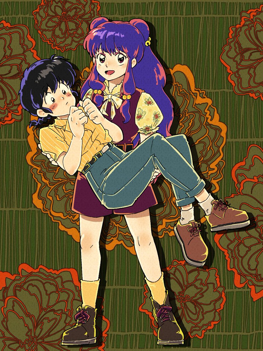 saotome ranma, shampoo (ranma 1/2), ranma 1/2, 1boy, 1girl, black hair, blush, boots, braid, contemporary, double bun, hair bun, hair ornament, long hair, purple hair, sidelocks, single braid, smile, socks
