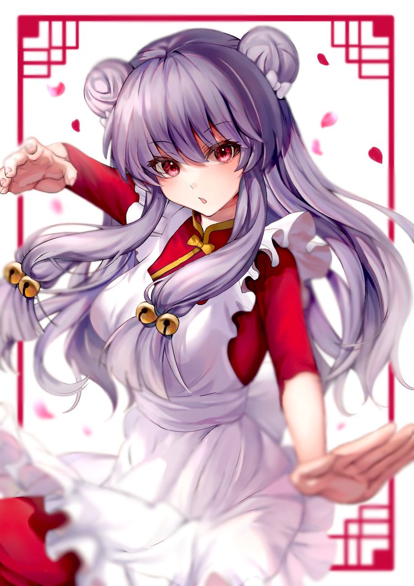 shampoo (ranma 1/2), ranma 1/2, apron, bell, chinese clothes, double bun, hair bell, hair bun, hair ornament, long hair, petals, purple hair, sidelocks, white apron