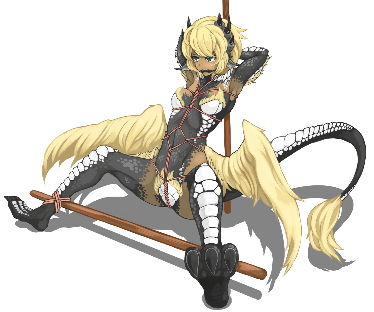 hitokuirou, 1girl, blonde hair, claws, convenient censoring, dragon girl, green eyes, pole, rope, scales, short hair, solo, tail, wings