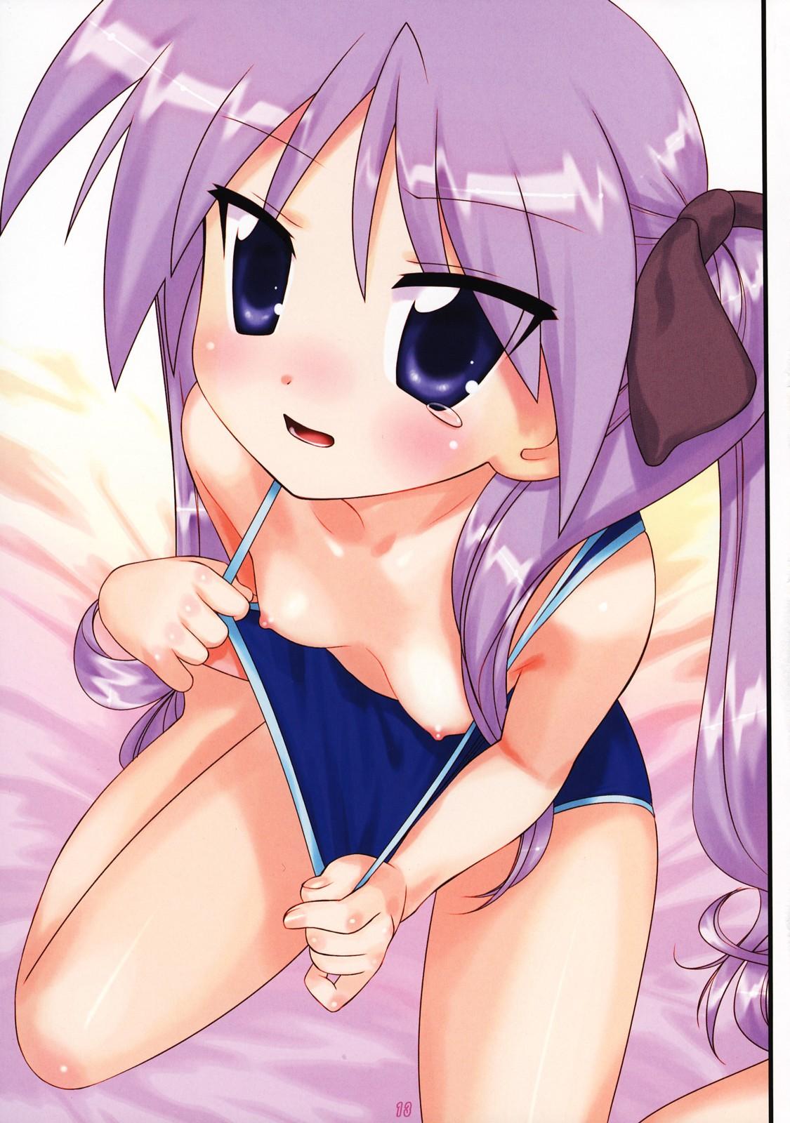 hechi, hiiragi kagami, lucky star, highres, 00s, 1girl, bed, blue eyes, breasts, clothes pull, downblouse, female focus, flashing, nipple slip, nipples, one-piece swimsuit, one-piece swimsuit pull, pulling own clothes, purple hair, school swimsuit, shirt pull, sitting, small breasts, solo, swimsuit, twintails, wariza