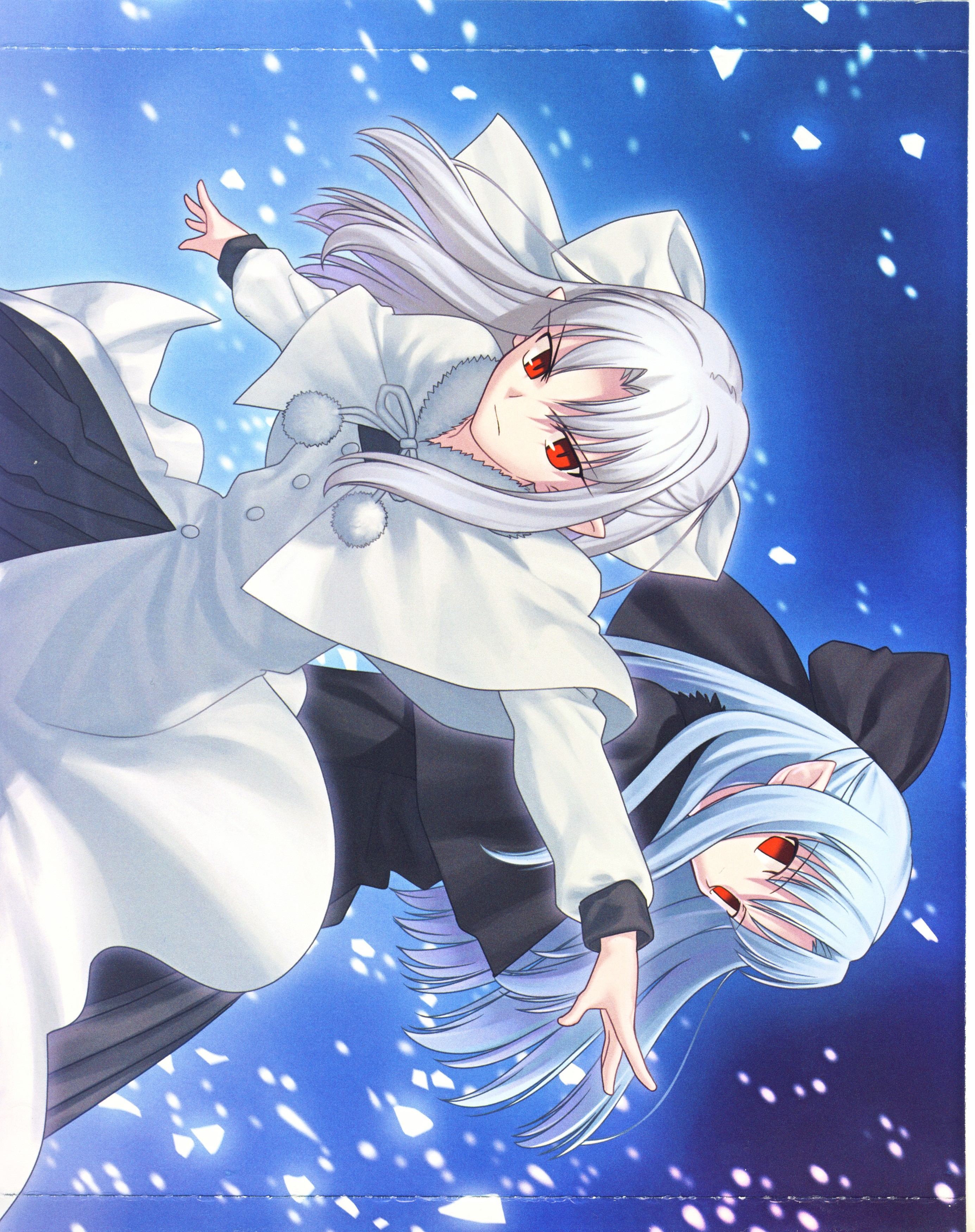 takeuchi takashi, len (tsukihime), white len (tsukihime), melty blood, tsukihime, type-moon, absurdres, highres, rotated, scan, scan artifacts, 00s, 2girls, albino, blue hair, dress, eternal loli, multiple girls, pointy ears, red eyes, ribbon, skirt, white hair