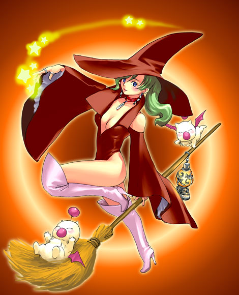 moogle, tina branford, final fantasy, final fantasy vi, 1990s (style), 1girl, blue eyes, boots, breasts, broom, cleavage, earrings, female focus, green hair, hat, high heel boots, high heels, jewelry, lamp, large breasts, leotard, long hair, pink boots, pink heels, red leotard, retro artstyle, ring, shoes, solo, thigh boots, thighhighs, witch hat