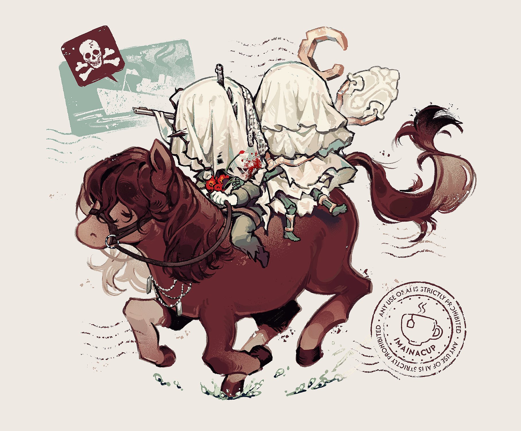 imainacup, reverse:1999, ultrakill, character request, highres, 1boy, black boots, blue coat, blue pants, boots, brown horse, charon (reverse:1999), chibi, coat, covered face, full body, gloves, grey background, holding, holding reins, horse, horseback riding, multiple riders, pants, reins, riding, sidesaddle, skull and crossbones, speech bubble, spoken skull, veil, white gloves, white veil