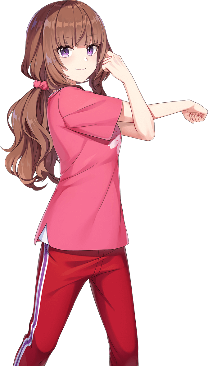 shirako miso, akagawa chisa, cue!, official art, 1girl, blunt bangs, breasts, brown hair, clenched hands, closed mouth, cowboy shot, floral print, flower, hair ornament, hair scrunchie, hand up, long hair, looking at viewer, low ponytail, medium breasts, outstretched arm, pants, pink scrunchie, pink shirt, ponytail, purple eyes, red pants, scrunchie, shirt, sidelocks, simple background, smile, solo, standing, stretching, t-shirt, tachi-e, transparent background, wavy hair