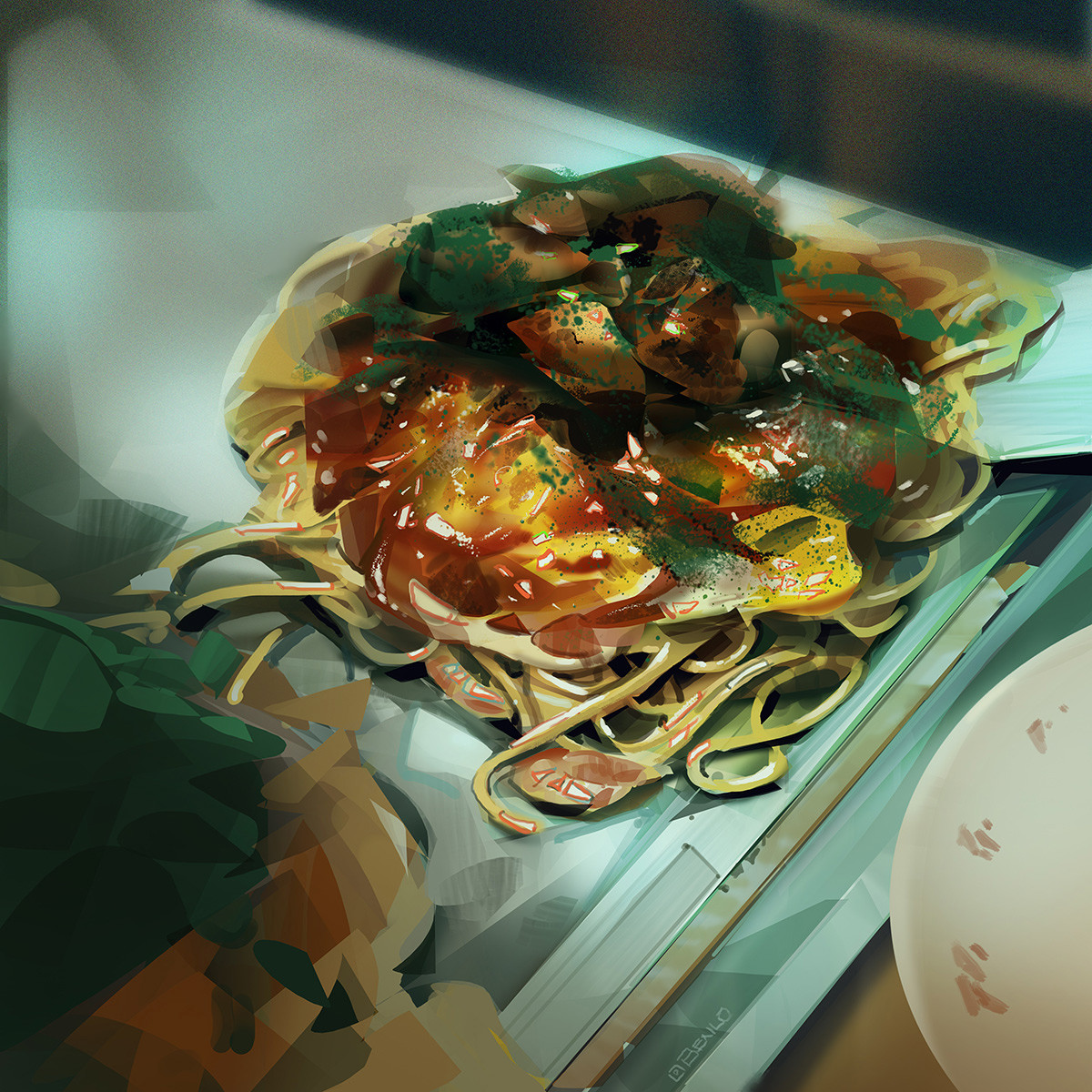ben lo, original, commentary, highres, cabbage, cooking, food, food focus, from above, no humans, okonomiyaki, painterly, pancake, plate, spatula