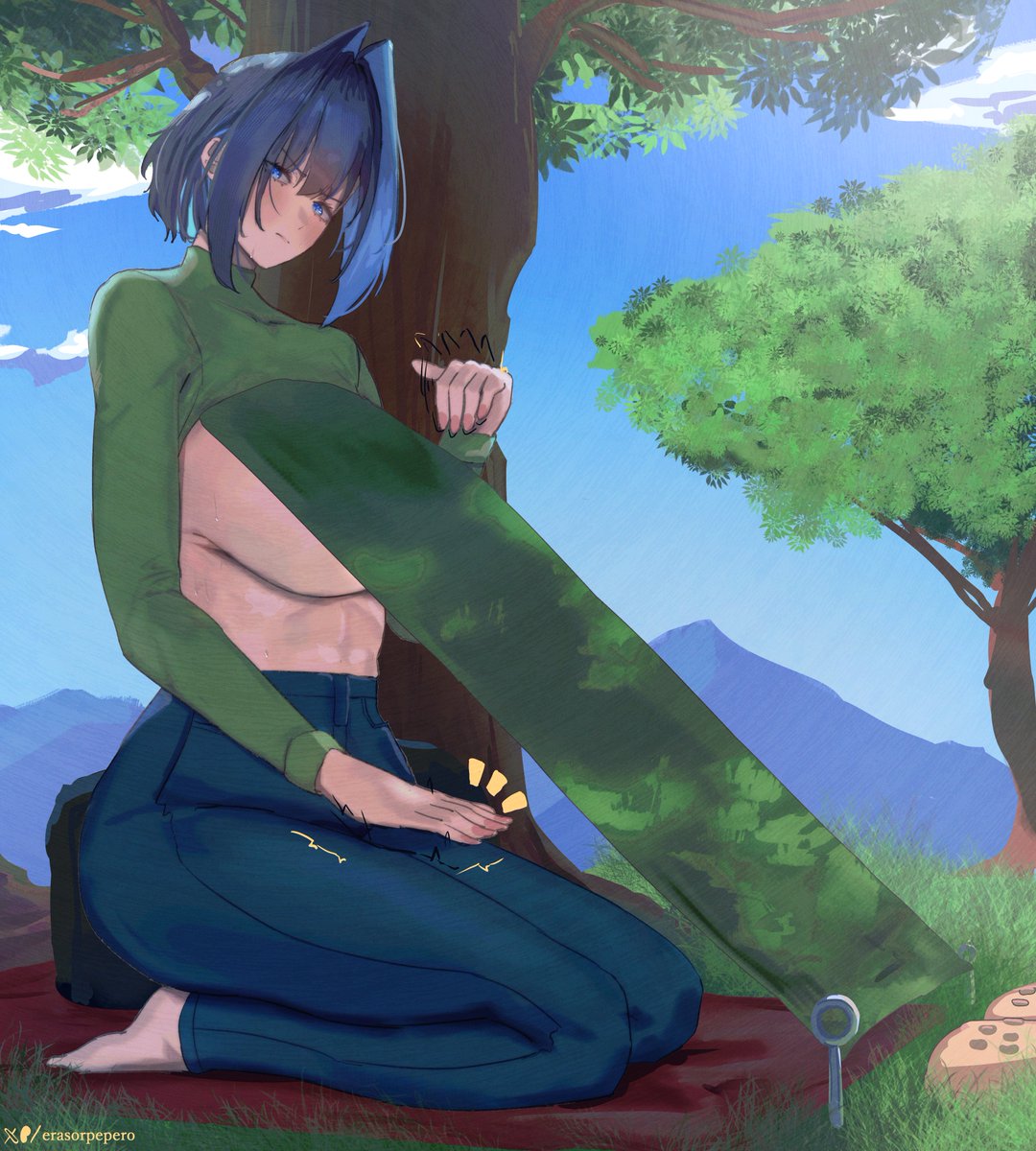 erasorpepero, ouro kronii, hololive, hololive english, highres, 1girl, alternate costume, blue eyes, blue hair, blue pants, blue sky, breasts, grass, green shirt, hair intakes, huge breasts, medium hair, mountain, outdoors, pants, seiza, shade, shirt, sitting, sky, solo, tree, virtual youtuber