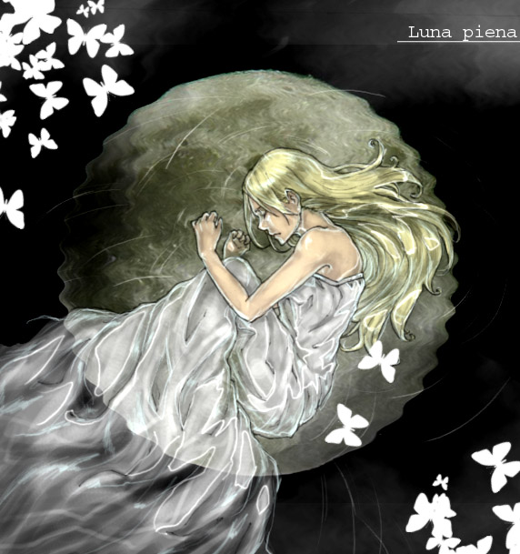 original, blonde hair, bug, butterfly, dress, full moon, insect, long hair, moon, solo