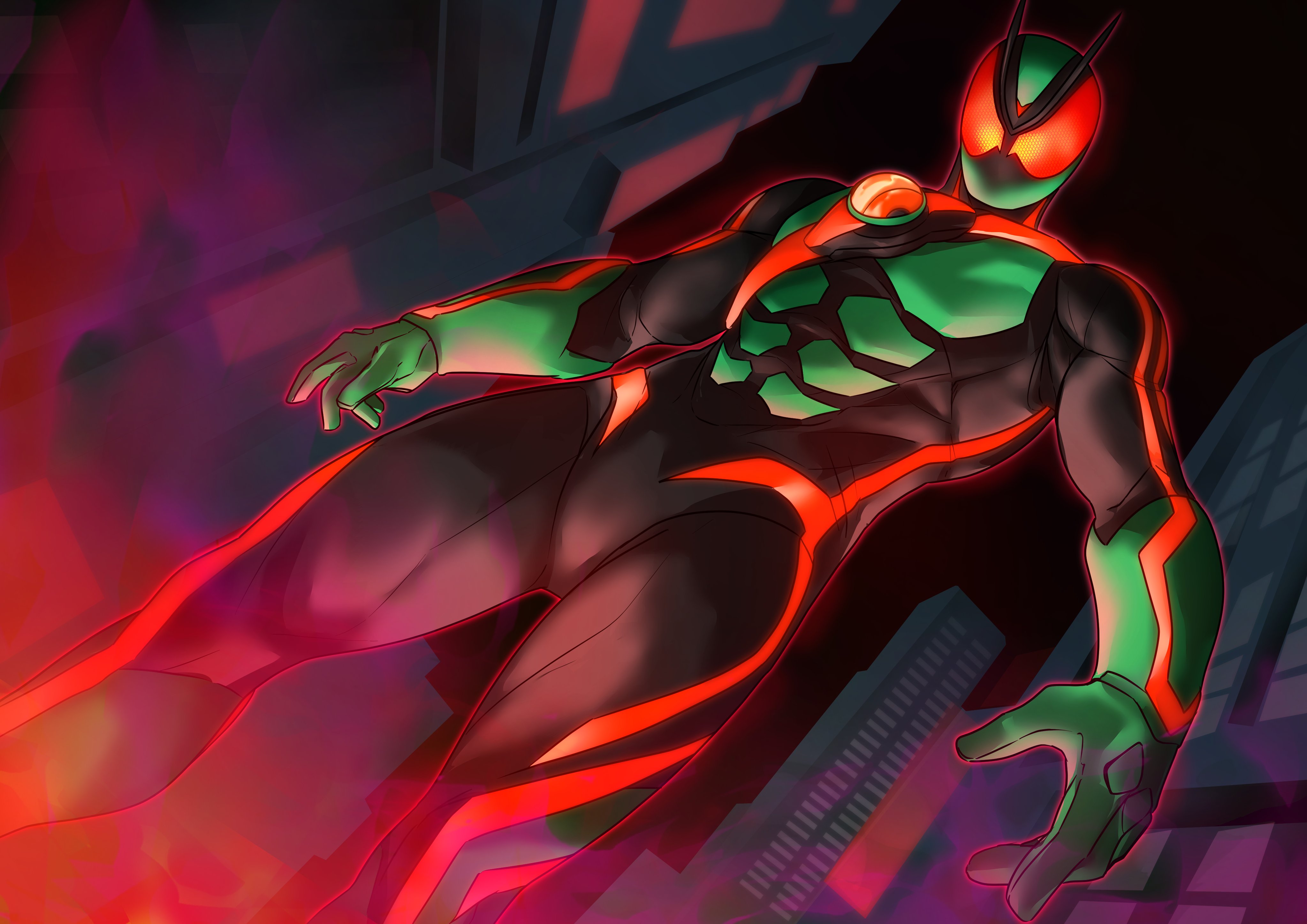 miyabi (037), kamen rider zeztz, kamen rider, kamen rider zeztz (series), absurdres, highres, 1boy, antennae, armor, belt, bodysuit, bug, compound eyes, gloves, glowing, glowing eyes, grasshopper, green armor, helmet, horns, insect, looking at viewer, male focus, red eyes, rider belt, simple background, solo, standing, tokusatsu