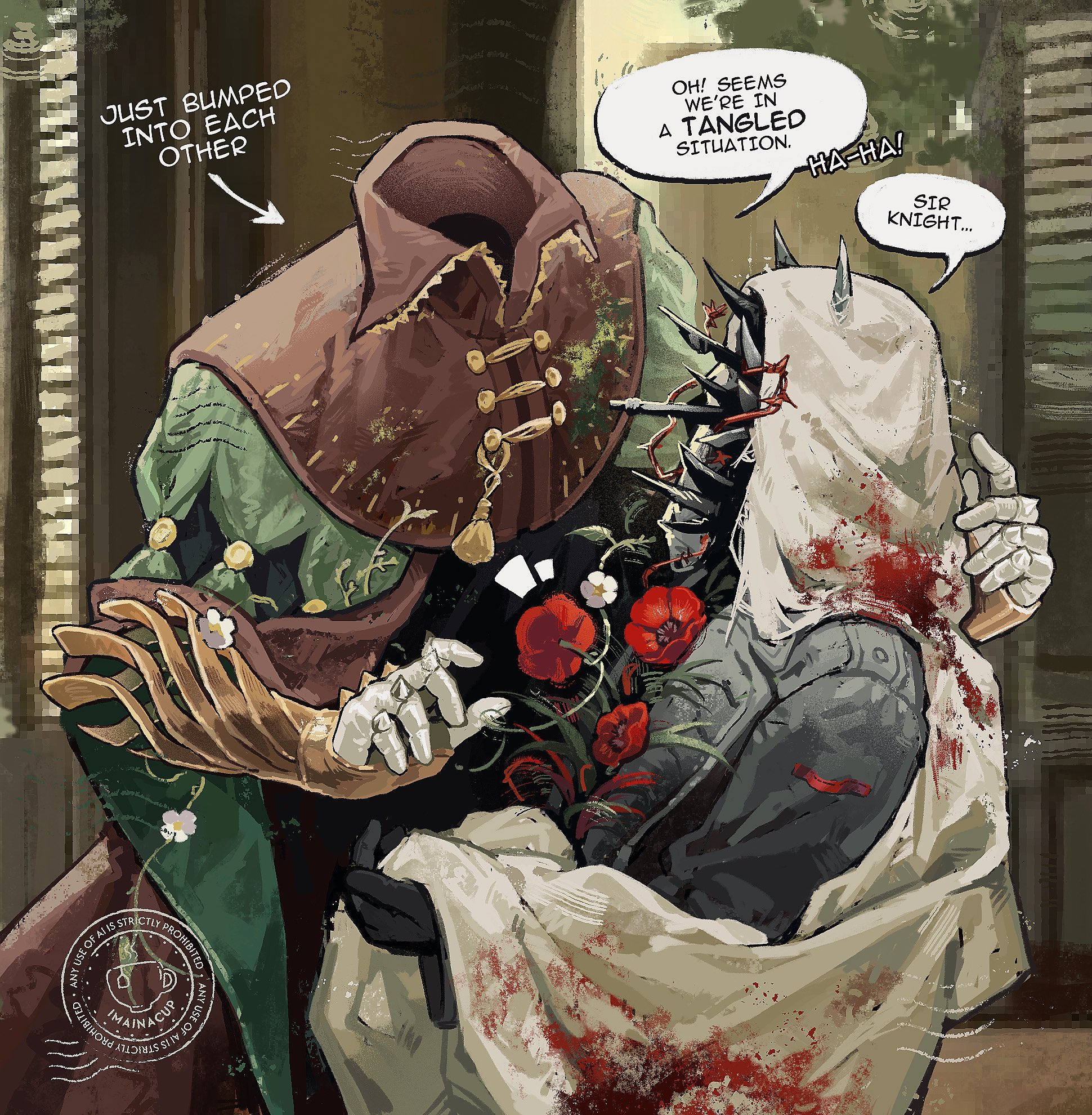 imainacup, a knight (reverse:1999), reverse:1999, highres, 2boys, armor, black cape, black gloves, cape, charon (reverse:1999), english text, facing another, flower, gauntlets, gloves, green cape, indoors, invisible, knife, male focus, multiple boys, object head, official alternate costume, ornate armor, poppy (flower), red flower, speech bubble, upper body, veil, white veil, window