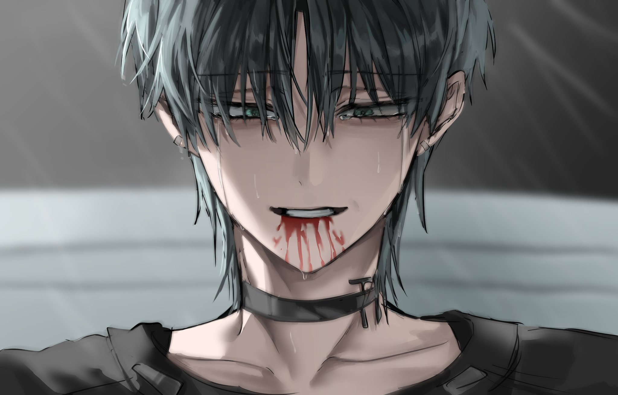 till (alien stage), alien stage, commentary request, highres, korean commentary, 1boy, black choker, black shirt, blood, blood from mouth, choker, dobugi221833, earrings, green eyes, grey hair, jewelry, male focus, medium hair, portrait, rain, shirt, smile, solo