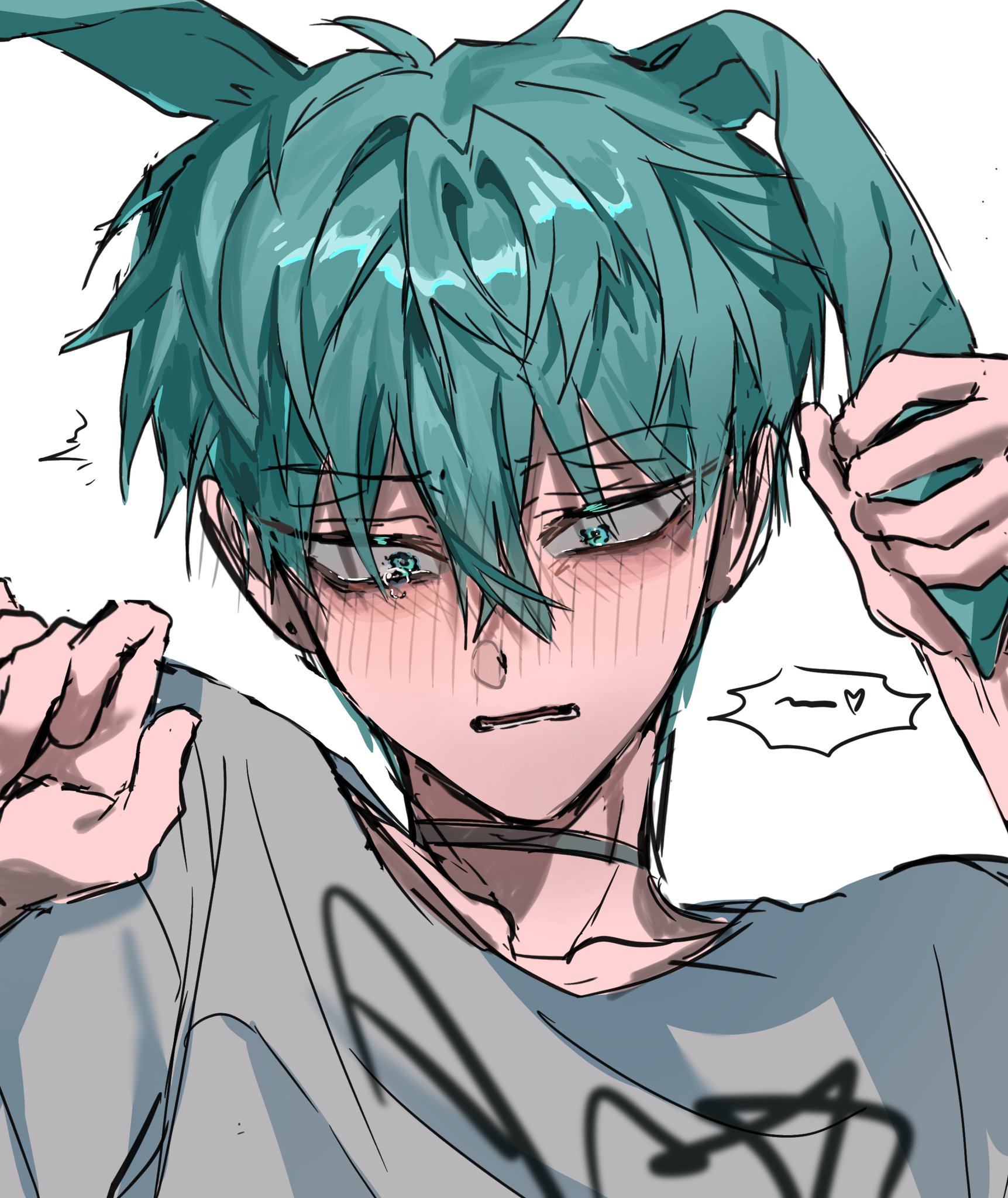 till (alien stage), alien stage, commentary, highres, 1boy, animal ears, blush, choker, dobugi221833, green eyes, grey choker, grey hair, heart, male focus, open mouth, rabbit boy, rabbit ears, shirt, short hair, solo, surprised, tearing up, very short hair, white shirt