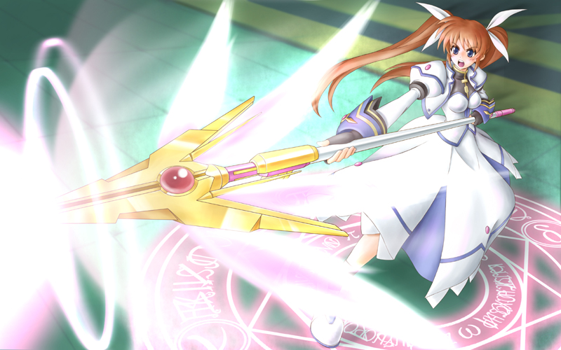 satogo, raising heart, raising heart (exceed mode), takamachi nanoha, takamachi nanoha (exceed mode), lyrical nanoha, mahou shoujo lyrical nanoha, mahou shoujo lyrical nanoha strikers, 00s, 1girl, female focus, fingerless gloves, gloves, jacket, magazine (weapon), magic circle, magical girl, open clothes, open jacket, purple eyes, red hair, solo, twintails, wings