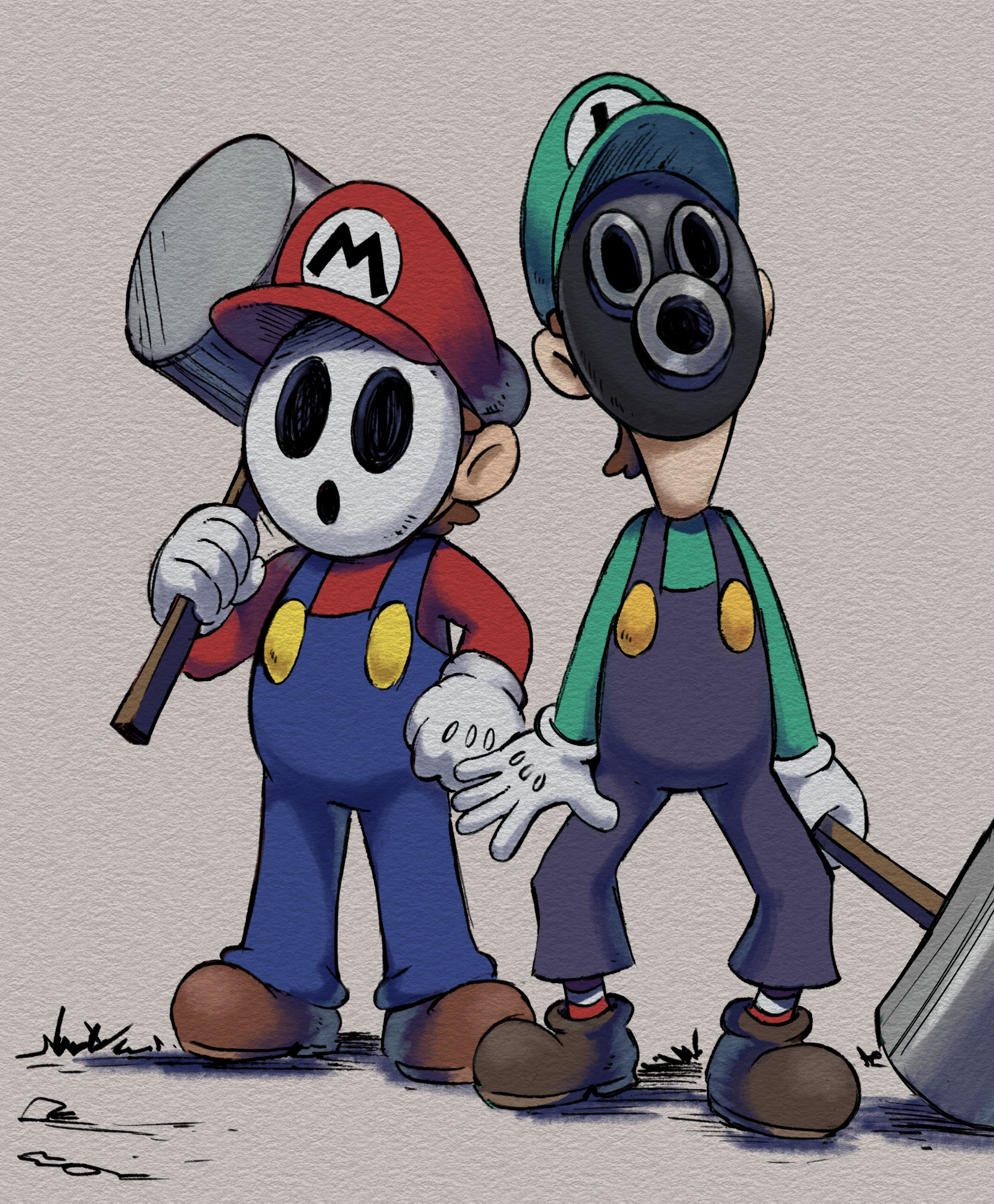 yamari (ya mari 6363), luigi, mario, shy guy, snifit, mario & luigi rpg, mario (series), nintendo, highres, 2boys, blue overalls, boots, brown boots, brown hair, cosplay, gloves, green hat, green shirt, hammer, hat, holding, holding hammer, long sleeves, male focus, masanori sato (style), mask, multiple boys, newsboy cap, overalls, red hat, red shirt, red socks, shirt, short hair, shy guy (cosplay), snifit (cosplay), socks, striped clothes, striped socks, white gloves, white socks