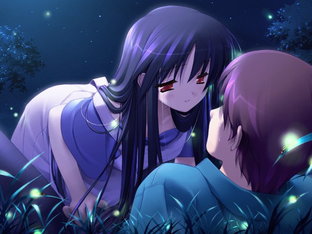 gayarou, makino nanami, suigetsu, game cg, 1boy, 1girl, dress, girl on top, red eyes