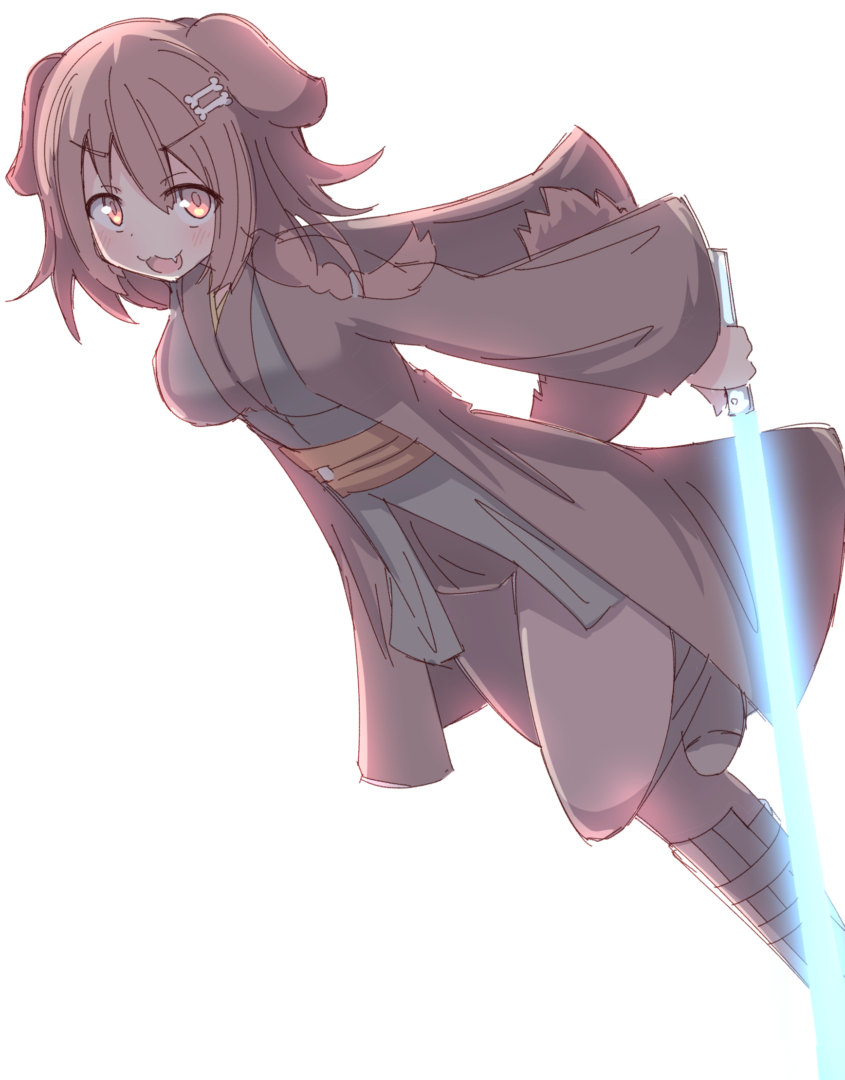 umberblack, inugami korone, hololive, star wars, commentary request, highres, 1girl, animal ears, blush, bone hair ornament, braid, breasts, brown robe, cartoon bone, dog ears, dog girl, dog tail, energy sword, grey kimono, hair between eyes, hair ornament, holding, holding sword, holding weapon, japanese clothes, kimono, lightsaber, long hair, long sleeves, looking at viewer, medium breasts, obi, open clothes, open robe, red eyes, robe, sash, simple background, solo, standing, standing on one leg, sword, tail, twin braids, v-shaped eyebrows, virtual youtuber, weapon, white background, wide sleeves