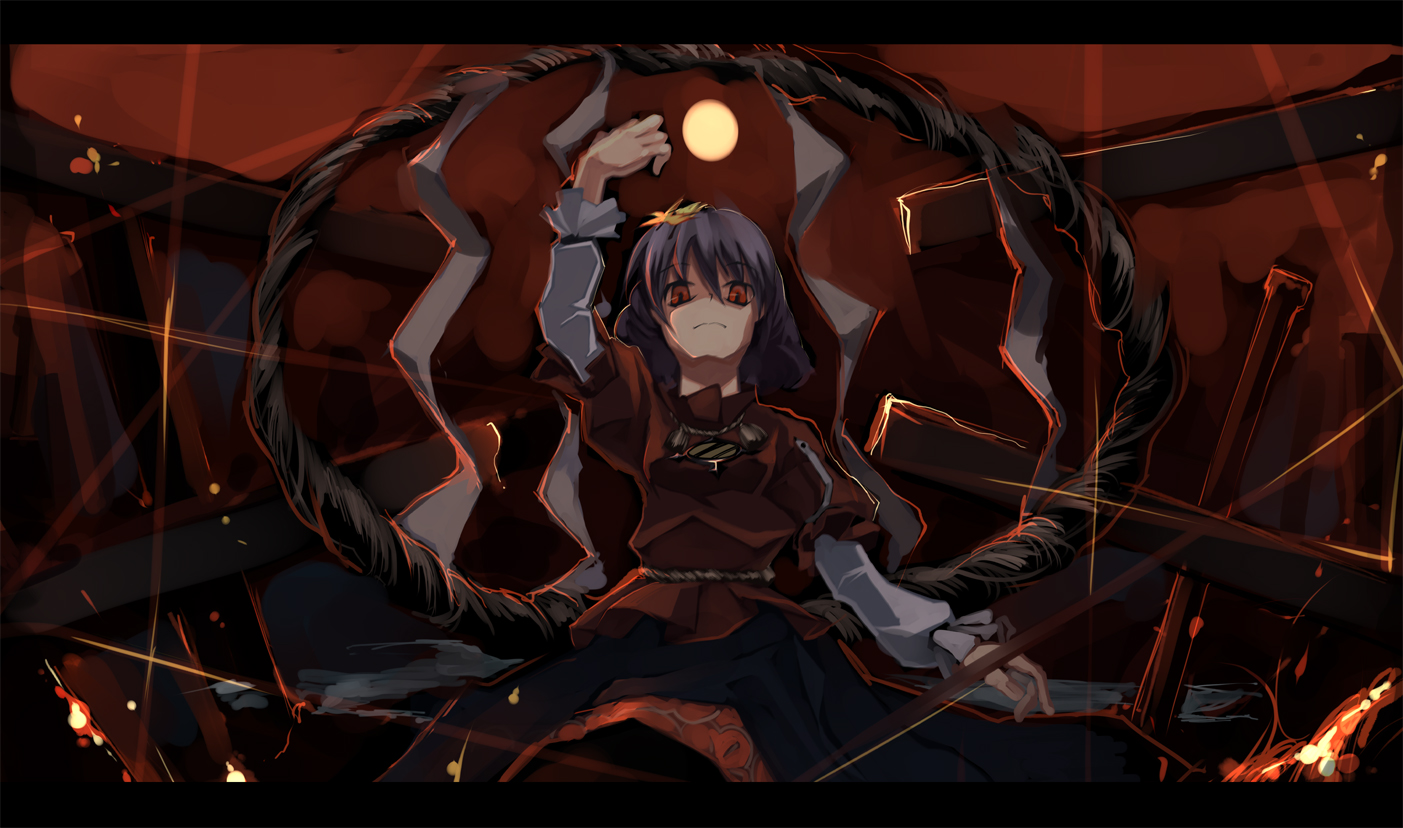 shimadoriru, yasaka kanako, touhou, 1girl, arm up, brooch, dark, dress, female focus, full moon, gem, jewelry, layered sleeves, long sleeves, moon, onbashira, pillar, puffy short sleeves, puffy sleeves, purple hair, red dress, red eyes, red sky, rope, shimenawa, short hair, short over long sleeves, short sleeves, sky, solo, upper body